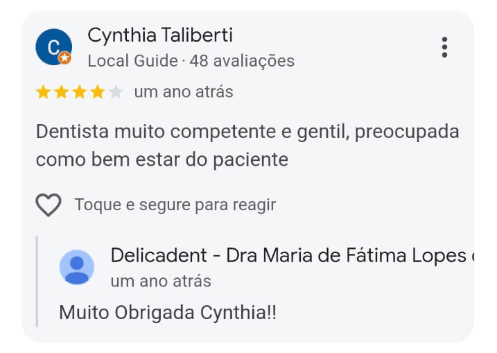 Depoimento de um dos pacientes da Dra. Maria de Fátima na Delicadent Odontologia, Clinica Odontológica em São Paulo
